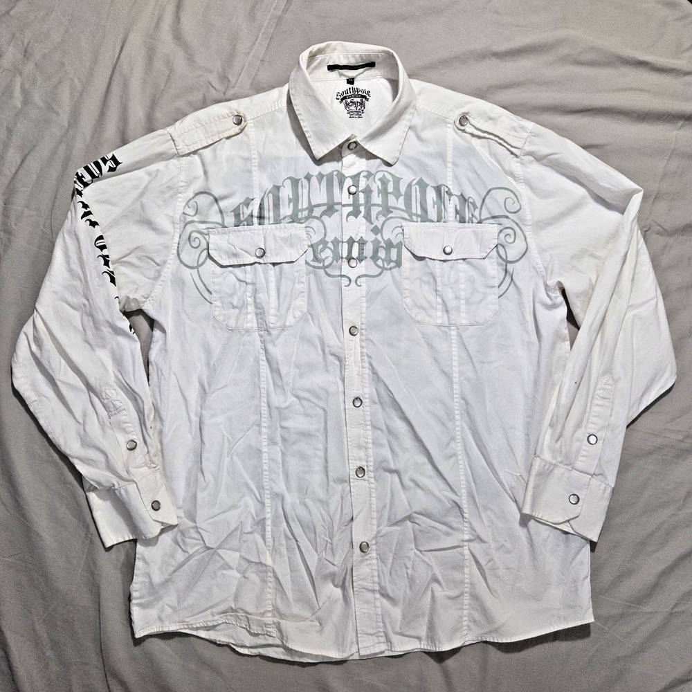 Southpole Premium VTG Y2K Whitw Long Sleeve Pearl Snap Button Up Shirt Sz XL